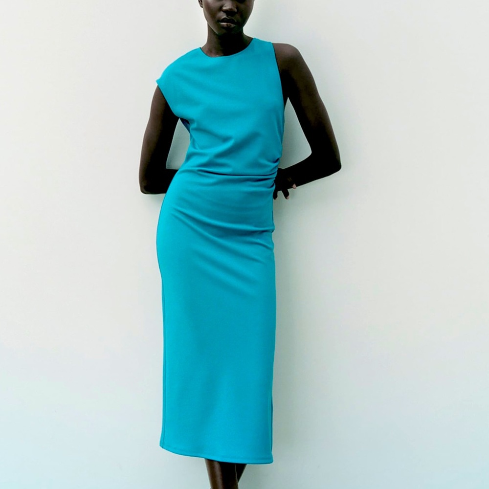 Zara Draped Midi Dress in turquoise, size S